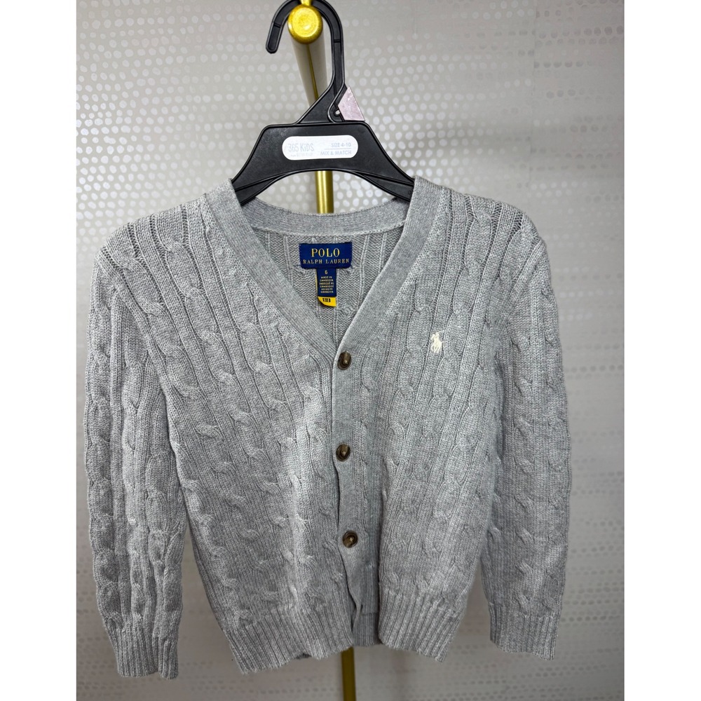Polo Ralph Lauren Boys Heather Gray Cable Knit Cardigan Sweater Size 6